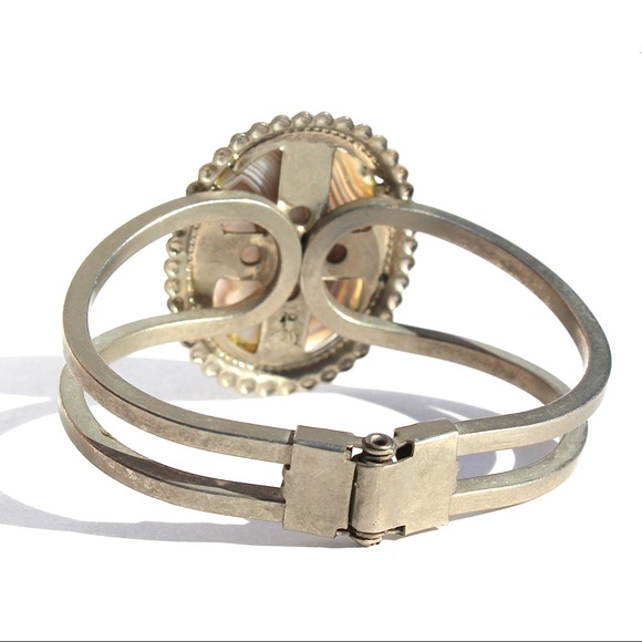 Vintage Botswana Agate Statement Cuff Bracelet Silver Tone Banded Brown Cabochon - Picture 4 of 6